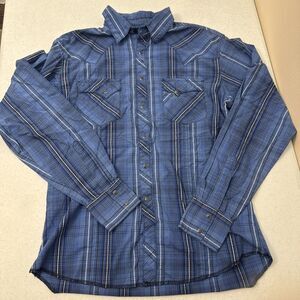 Wrangler Shirt Mens Med Pearl Snap Western Rodeo Plaid Blue